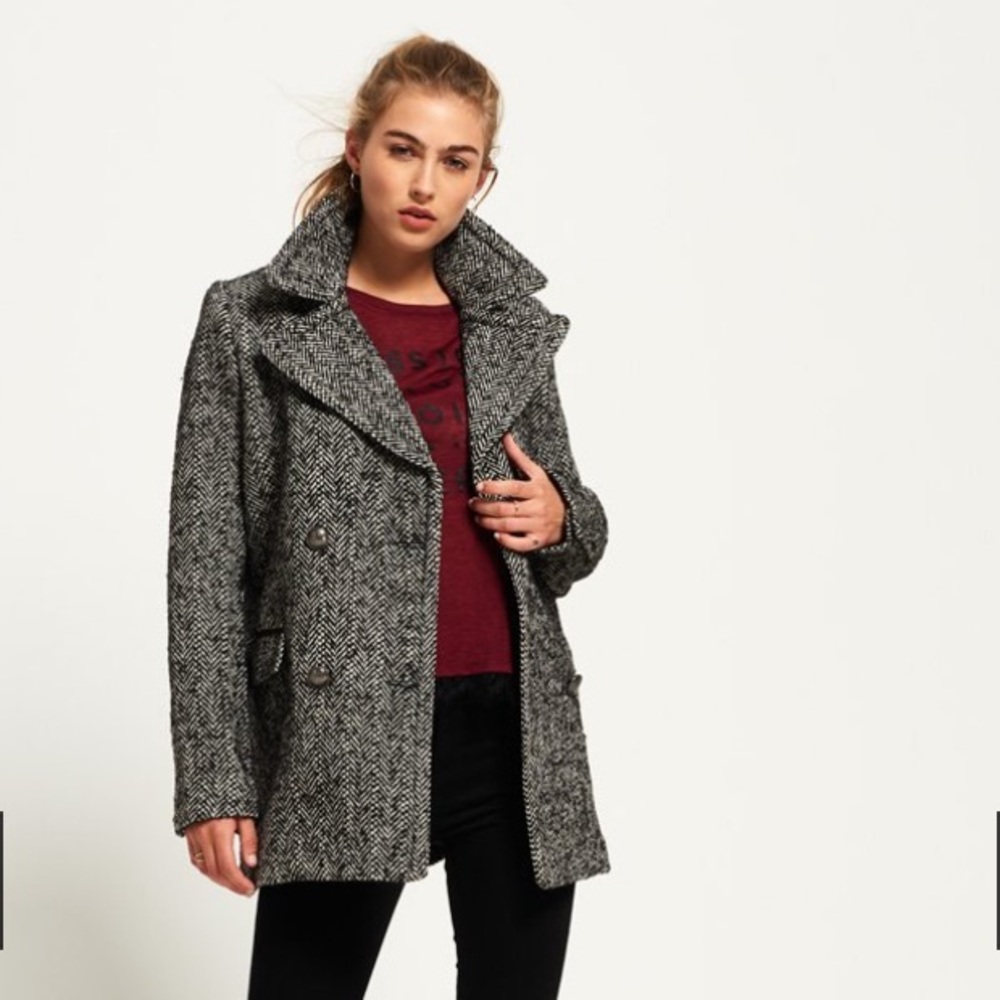 Superdry Black and White Wool Pea coat